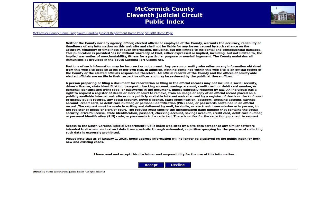 McCormick County criminal court case Public Index search interface