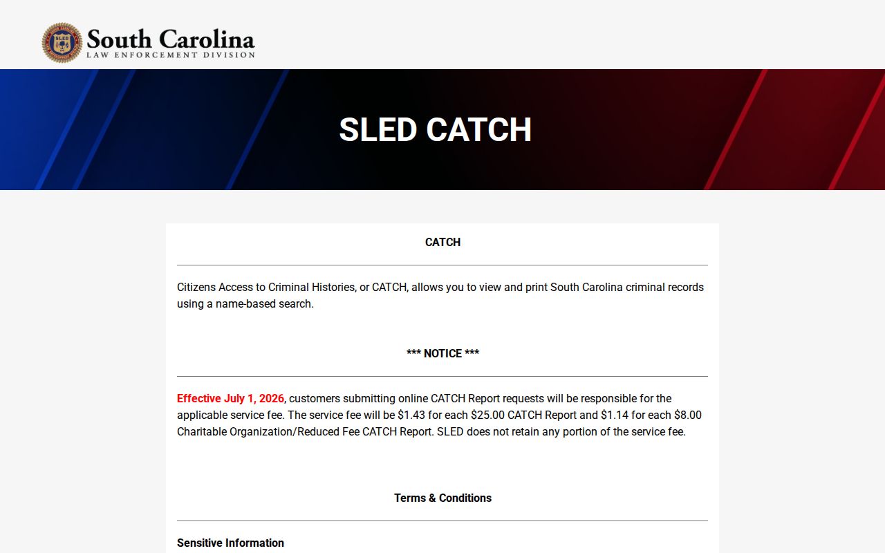 McCormick County criminal history search through the official SLED CATCH portal